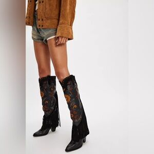 Spell Sannah Fringe Boots Onyx Black Leather Western Boho Size 39 NIB